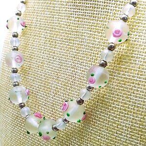 Artisan Frosted Lampwork Glass & Sterling Silver Beaded Pink Rose Design Necklac